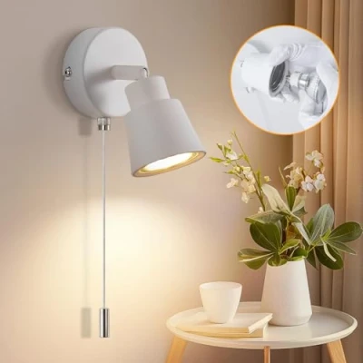 Image of TaFiCo White Wall Lights with Pull Cord Switch GU10 Modern Light 350 Rotatable 50W Indoor Sconce for Bedroom Bedside Living Room Kitchen Desk Bulb Not Included