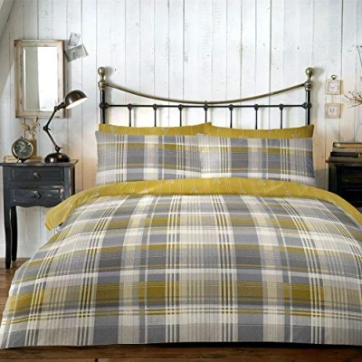 Image of Dreams &amp; Drapes, Connolly Check, 100 percent Brushed Cotton Duvet Cover Set, Ochre, Super King Bed Size, Set: