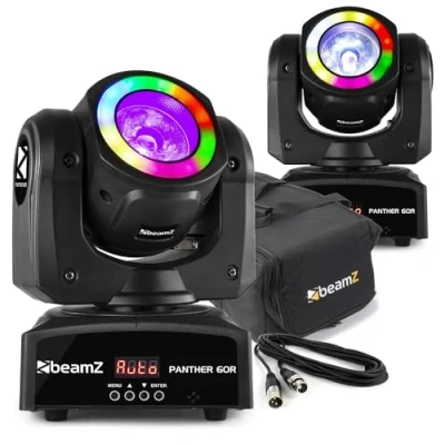 Image of beamz Panther 60R Moving Head Beam with LED Light Ring (Pair) Soft Case and Cable 60W RGBW Colour Mixing, DMX, Automatic Sound Activated Stage Lighting