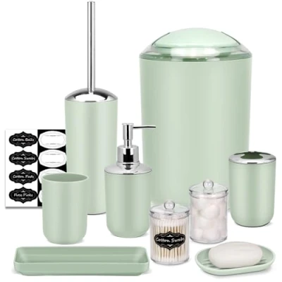 Image of IMAVO Bathroom Accessory Set 8 Pcs Green Accessories with Trash Can, Soap Dispenser, Dish, Toothbrush Holder, Cup, Toilet Brush Qtip Holder Dispenser Labels