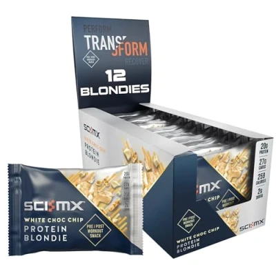 Image of SCI MX High Protein White Choc Chip blondie Box 20g protein, 2g Sugar + 259 calories per Pack of 12 x 65 g Low Pre/Post Workout Snack No Palm Oil Suitable for Vegetarians