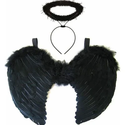 Image of jokeshop Black Feather Wings &amp; Halo Dark Angel Fairy Fancy Dress Gothic Halloween Cosplay Adult Costume