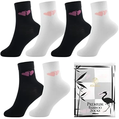 Image of Bamboo Socks for Girls, Soft and Breathable Children&#039;s with Cute Hearts Pattern, Smooth Toe Seams Socks, Planet Friendly Packaging, Pack of 6, UK size 12.5 3, Black White