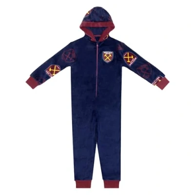 Image of West Ham United FC Official Gift Kids Fleece Hooded All in One Navy 10 11 Years