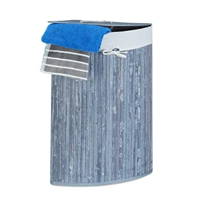 Image of Relaxdays Bamboo Corner Laundry Basket, 65 x 49.5 37 cm, 64L, Folding Hamper with Sack, Grey