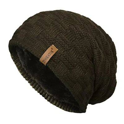 Image of TOSKATOK® Mens Unisex Warm Winter Textured Knit Thermal Insulation Slouch Beanie hat with Cosy Faux Fur Teddy Fleece Liner Olive
