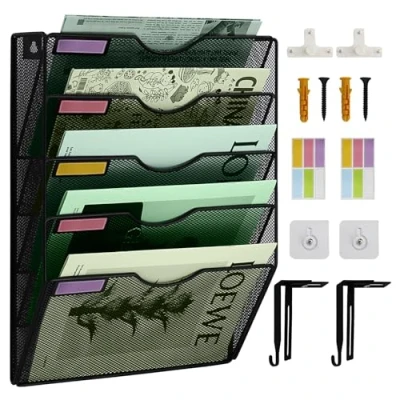 Image of IOUGDSEC 5 Tier Mesh Hanging File Organizer Vertical Wall Holder for Office School Home, Nametag Label Hooks Set Included