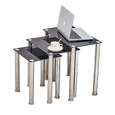 Image of BonChoice Modern Set of 3 Nesting Tables for Living Room, Nest Black Glass, Sofa Side Table Coffee End Tables, Easy to Assemble
