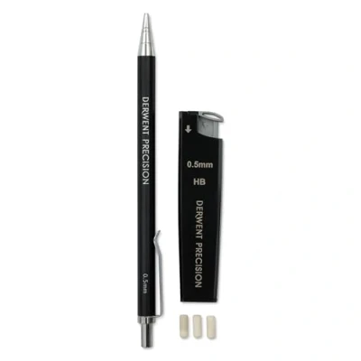 Image of Derwent 0.5 mm Precision Mechanical Pencil, HB Leads and Erasers Included, Professional Quality, 2302428, Black