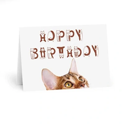 Image of Bengal Cat Happy Birthday Card Whimsical Peekaboo Feline Design, Fun Wishes for Lovers, Blank Inside Custom Messages