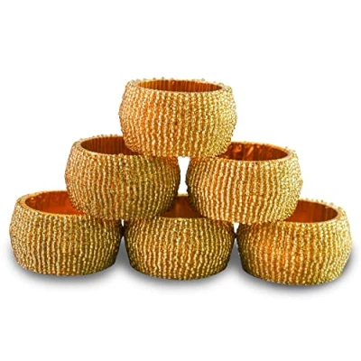 Image of Ajuny Napkin Ring Holder Handcrafted Beaded Round Decorative Rings for Dining Table Decor Wedding Party Dinner Set of 6, Gold