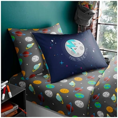 Image of GC GAVENO CAVAILIA Kids Printed Duvet Cover &amp; Sheet Set, Easy Care Polycotton Children Bedding, Single, Space