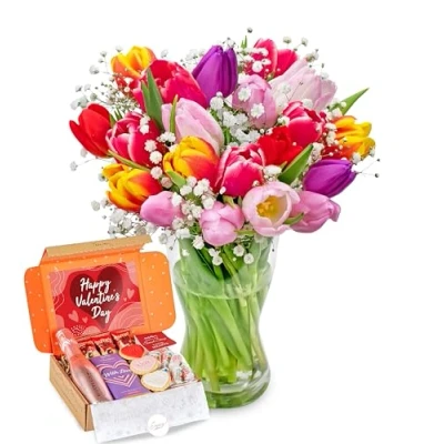 Image of Tulip Bouquet With Sent Love Postal Gift Prosecco and Chocolates Heart Sweets Letterbox Present Milk Chocolate Bar Valentines