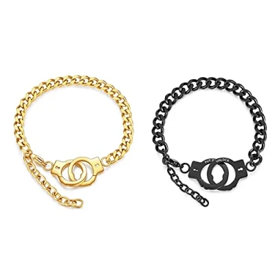 Image of Goorvoucs 2X Handcuff Couples Chain Link Bracelet Partners Adjustable Gift for Unisex Gold &amp; Black
