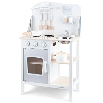 Image of New Classic Toys 11053 Wooden Pretend Toy Kitchen for Kids Role Play Included Accessoires, White/Silver, White/Silver