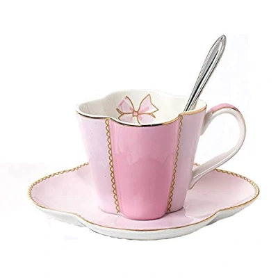 Image of YBK Tech Cup&amp; Saucer Set Bone China Porcelain Tea Coffee Cup for Breakfast Afternoon Clover Design (Pink)