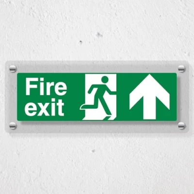 Image of V Safety Fire Exit Arrow Up 300 x 100 mm Acrylic Perspex Cast Clear Sign