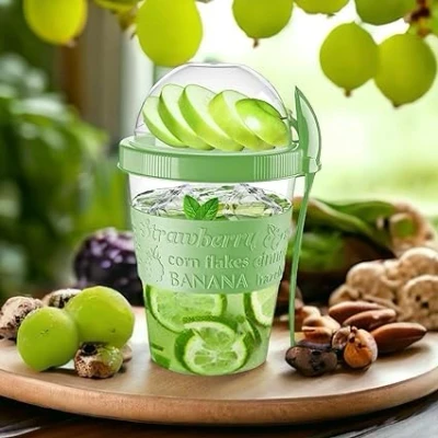 Image of VL Yogurt Pots Spoon Reusable 600ML Overnight Oats Muesli Cup with Lid BPA free Breakfast Cereal To Go Dishwasher Safe Snack Lunch Oatmeal Jars Travel Meal Food Container 20 oz (Green)
