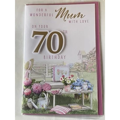 Image of For A Wonderful Mum With Love On Your 70th Birthday Card Age 70 Seventy White/Pink/Gold Garden Bench/Words 3D/Foil Detail(PRELUDE45688)