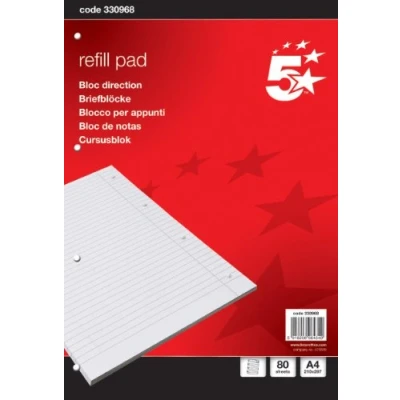 Image of 5 Star Office Refill Pad Feint Headbound Ruled with Margin 4 Hole Punched 80 Sheets A4 [Pack 10], White