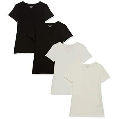 Image of Amazon Essentials Women&#039;s Classic Fit Short Sleeve V Neck T Shirt, Pack of 4, Black/White, M
