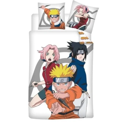 Image of Aymax Naruto Single Bedding Set, Duvet Cover 140 x 200 cm + Pillowcase 65 cm, Polycotton, with Sasuke Uchiwa and Sakura Haruno