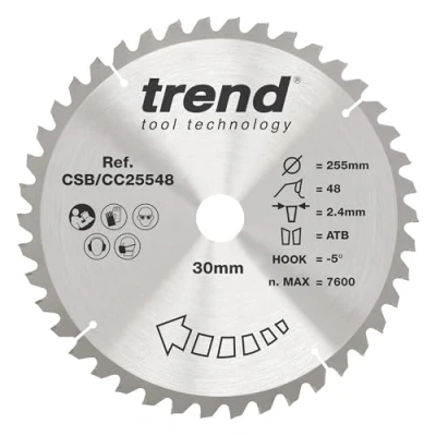Image of Trend Wood Mitre Saw Blade, 255mm Diameter, 30mm Bore, 48 Teeth, 2.4mm Kerf, 5 Hook, TCT, Medium Finish, CSB/CC25548