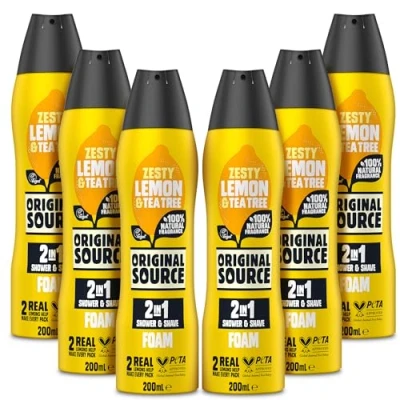 Image of Original Source Lemon &amp; Tea Tree 2 in 1 Shower and Shave Foam (Pack of 6)100 Percent Natural Fragrance Vegan, Cruelty Free, Paraben FreeBulk Buy, 6 x 200ml