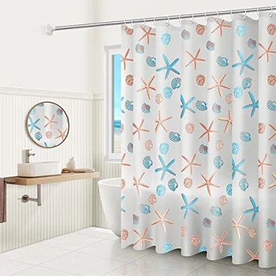 Image of WOODFIB Shower Curtain, 100% PEVA Waterproof Anti Mould Proof Resistant, Quick Drying, Washable Bathroom Includes 12 Pcs Curtain Hooks, 180 x cm (Starfish)
