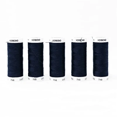 Image of KORBOND 500m Midnight Blue Polyester 5 x 100m Reels White Thread for Hand Sewing Machines No Shrinkage Ideal Mending, Tailoring, Quilting, Crafting, Repairs and Embellishment