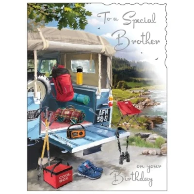 Image of Jonny Javelin Special Brother Birthday Card Happy with Camping Adventure Scene and Embossed Foil Details for Men