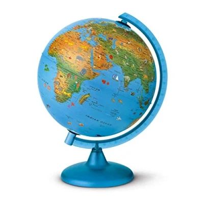 Image of Tecnodidattica 0325ACIN0AR1A06 Arca Globe for Children with Animals and World Famous Landmarks Illuminated revolving Graduated Meridian Cartography in English 10&quot;/25cm Diameter, Blue