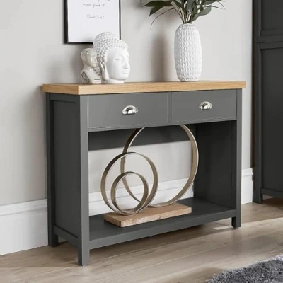 Image of Home Source 2 Drawer Console Side Table Compact Sideboard Storage, Dark Grey, Oak Effect