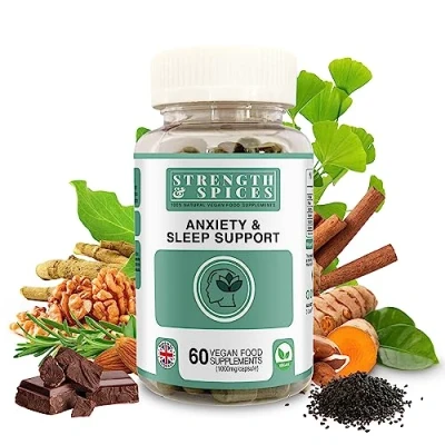 Image of Strength &amp; Spices Anxiety Sleep Support, Relief Supplement, Ashwagandha Capsules with 20 Powerful Ingredients, Plant Based Formulation for Mood and Immune Boost, 1000mg, 60