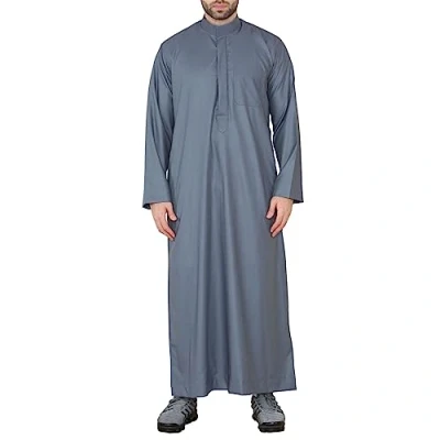 Image of Mens Thobe Jubba Nehru Stand Collar Islamic Clothing Muslim Kaftan Eid Robe Saudi Slim Regular Fit Grey XXL 60