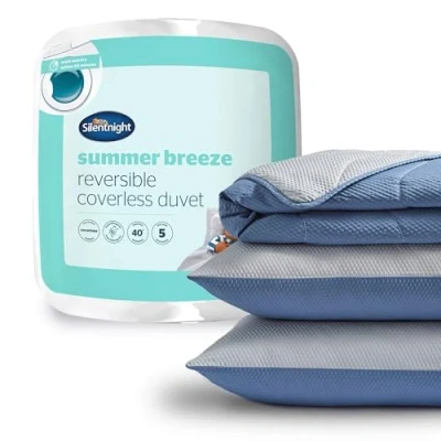 Image of Silentnight Summer Breeze Coverless Duvet Seersucker 2.5 Tog Lightweight Double Quilt Reversible Includes Matching Pillowcase Machine Washable Grey and Light Blue