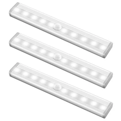 Image of AMIR Motion Sensor Light Bar, (10 LED, 3 Pack) Battery Operated Wardrobe Light, Closet Night with Stick On Magnetic Strip, Auto On/Off, for Wardrobe, Closet, Cabinet, Kitchen, Stairs, White