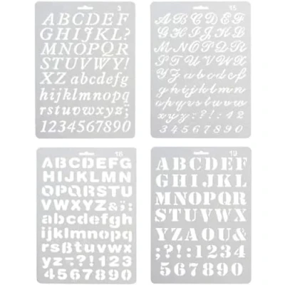 Image of Alphabet Painting 4 PCS Assorted Styles Plastic Number and Letter Artistic Drafting Drawing Templates Stencil Set for DIY Craft Journal Photo Album Scrapbook Schedule Book Diary Art Projects