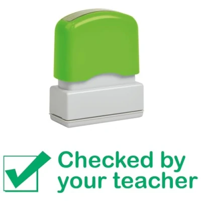 Image of Checked by Your Teacher Self Inking Stamp, Reinkable, Quality School Stamp 10x39mm Green Ink