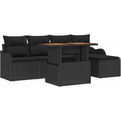 Image of vidaXL 6 Piece Garden Sofa Set with Cushions Black Poly Rattan
