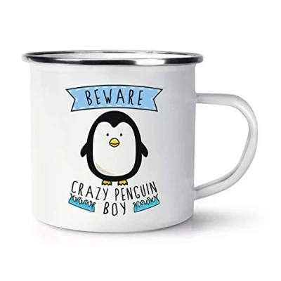Image of Beware Crazy Penguin Boy Retro Enamel Mug Cup