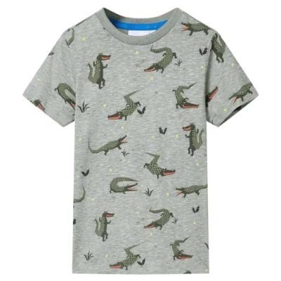 Image of vidaXL Kids&#039; Light Khaki Crocodile Print T Shirt 100% Cotton for Children 1.5 10 Yrs, Comfortable Casual Tee Size 140