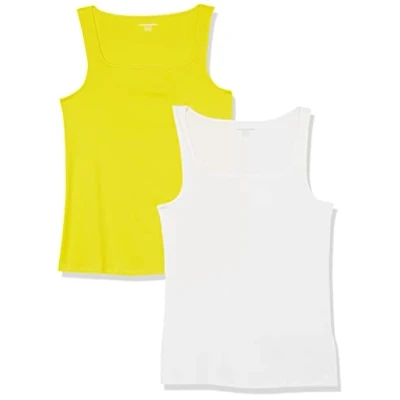 Image of Amazon Essentials Women&#039;s Slim Fit Square Neck Tank, Pack of 2, White/Lemon Yellow, XS