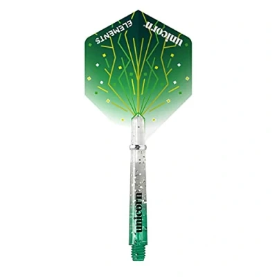 Image of Unicorn Dart Shafts &amp; Flights Set Gripper 4 Elements Thunderstorm Combo Pack Durable Polycarbonate Two Tone Green Gradient with Infused Specks Long 41mm 3 Stems