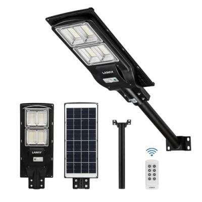 Image of LANGY Solar Street Light 12000 Lumens,240PCS LED, 18000 mAH Battery, High Lumens LED Power Lamp Outdoor Dusk to Dawn for Parking Lot, Yard, Garage and Garden,Black