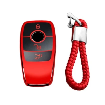 Image of M.JVisun Soft TPU Case Cover Protector Car Remote Key Fob For Mercedes Benz 2019 2022 A Class C G 2017 E 2018 2021 S Glossy Red Braided Keychain