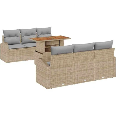 Image of vidaXL 7 Piece Garden Dining Set with Cushions Beige Poly Rattan Acacia