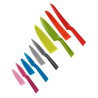 Image of Kuhn Rikon Colori+ Everyday 5 Pc Kitchen Knife Set (Bread Knife, Chef Utility 2x Paring Knife) Knives Set, Sharp 3 Year Accessories Guarantee