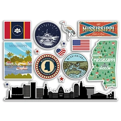 Image of A5 Sticker Sheet Mississippi Landmarks Vinyl Stickers America States USA American Airport Stamps Skyline Flag Map Travel Holiday Scrapbooking City Luggage #79176