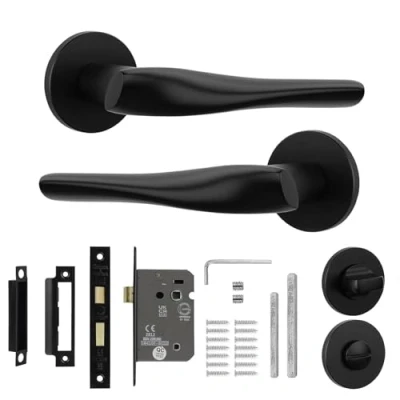 Image of Decoranddecor Black Door Handles Internal Aluminium Matt Handle Sets for Wooden Interior Doors with Bathroom Lock Nanda Range